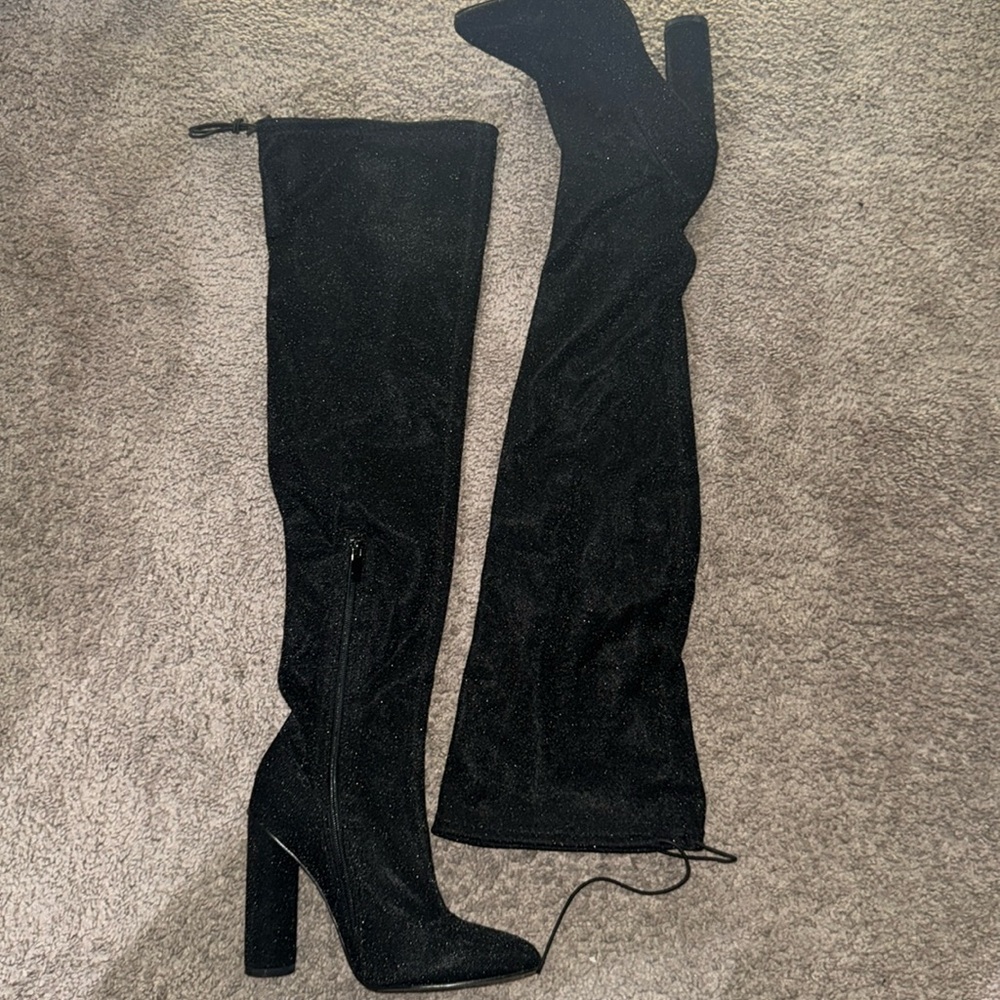 Black sparkly thigh high boot